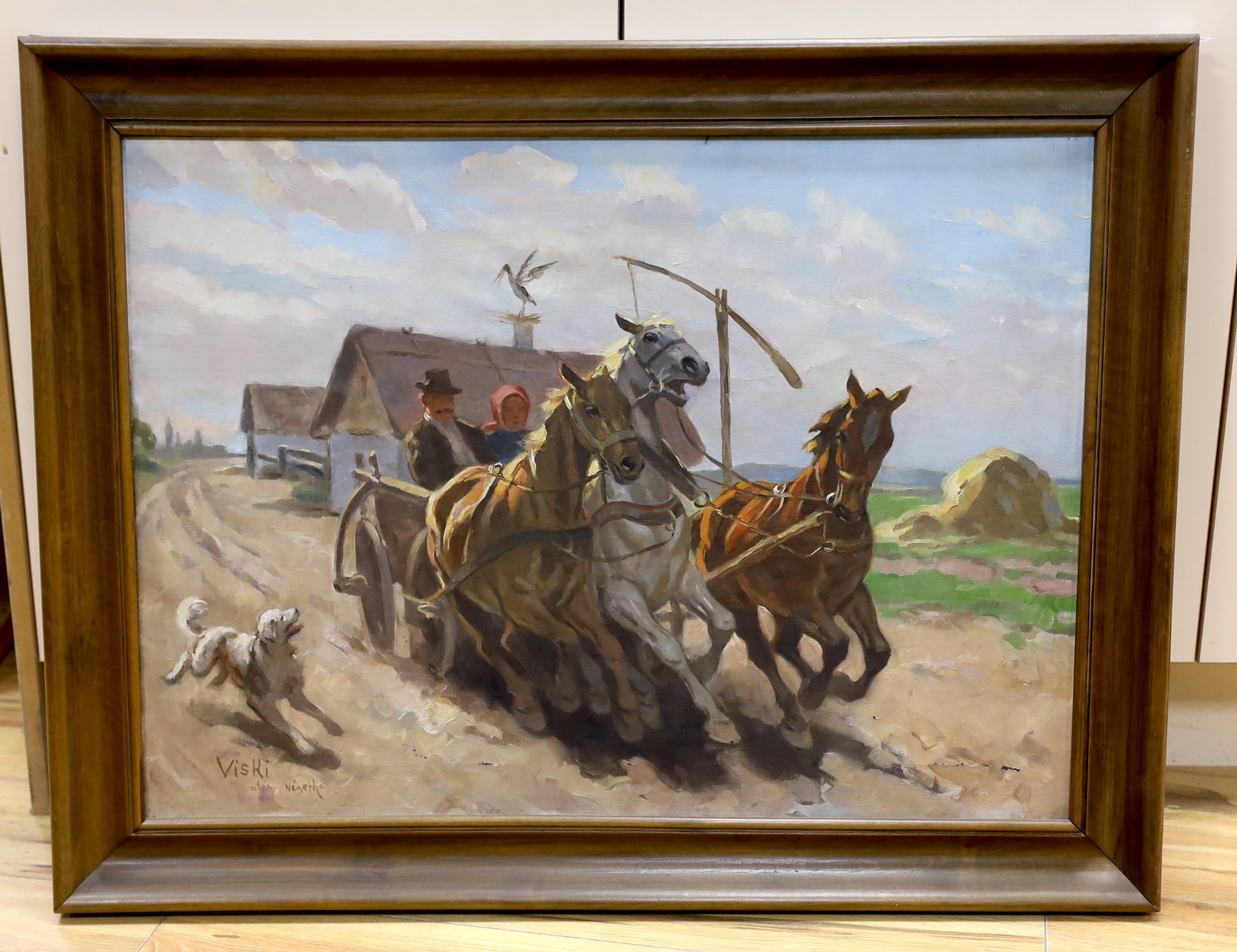 Janos Viski (Hungarian, 1891-1965), oil on canvas, Horse drawn cart on a track, signed, 54 x 75cm